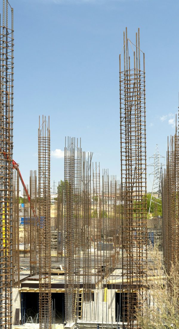 Concrete construction and reinforcement at a construction site